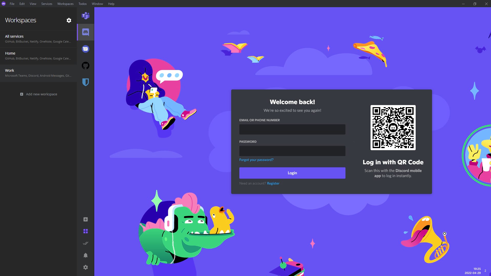 Ferdium workspaces feature allowing users to organize services into separate groups for work, personal, and projects